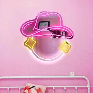 Neon LED Smiley Cowboy Hat Mirror - Light up